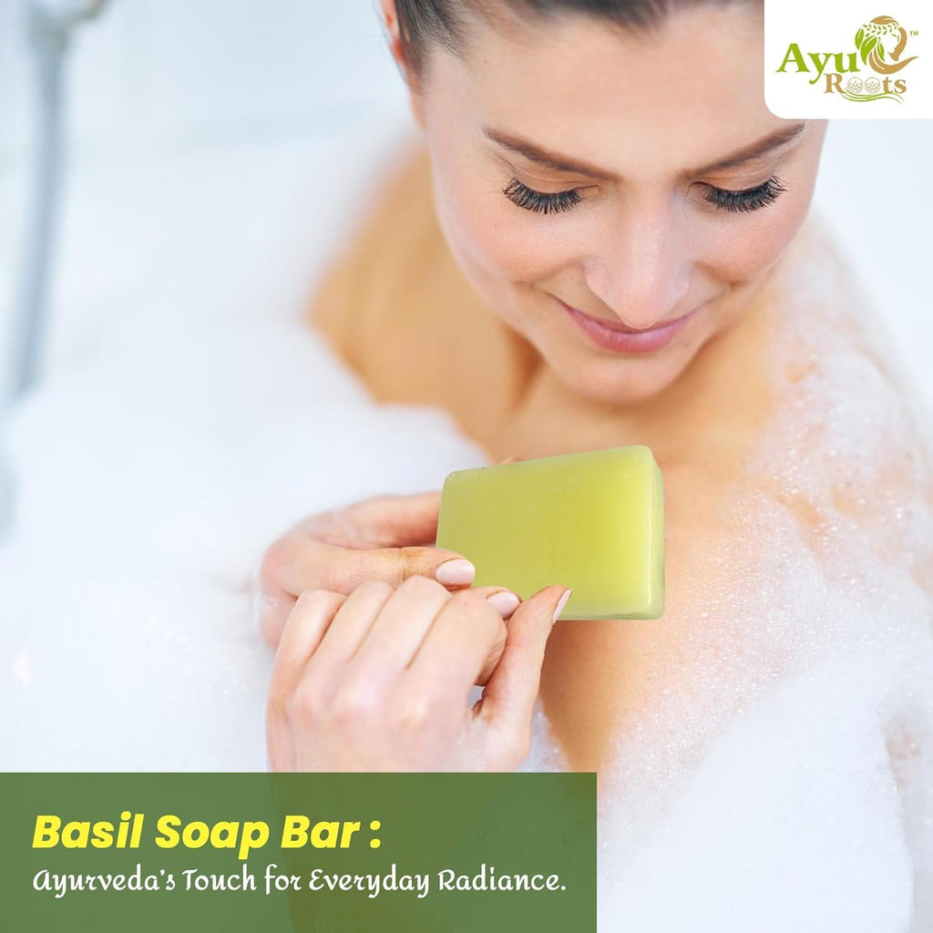 AyuRoots Ayurvedic Basil Soap Bar – Handmade with Authentic Indian Craftsmanship, 3.88 oz – Vegan for Face & Body