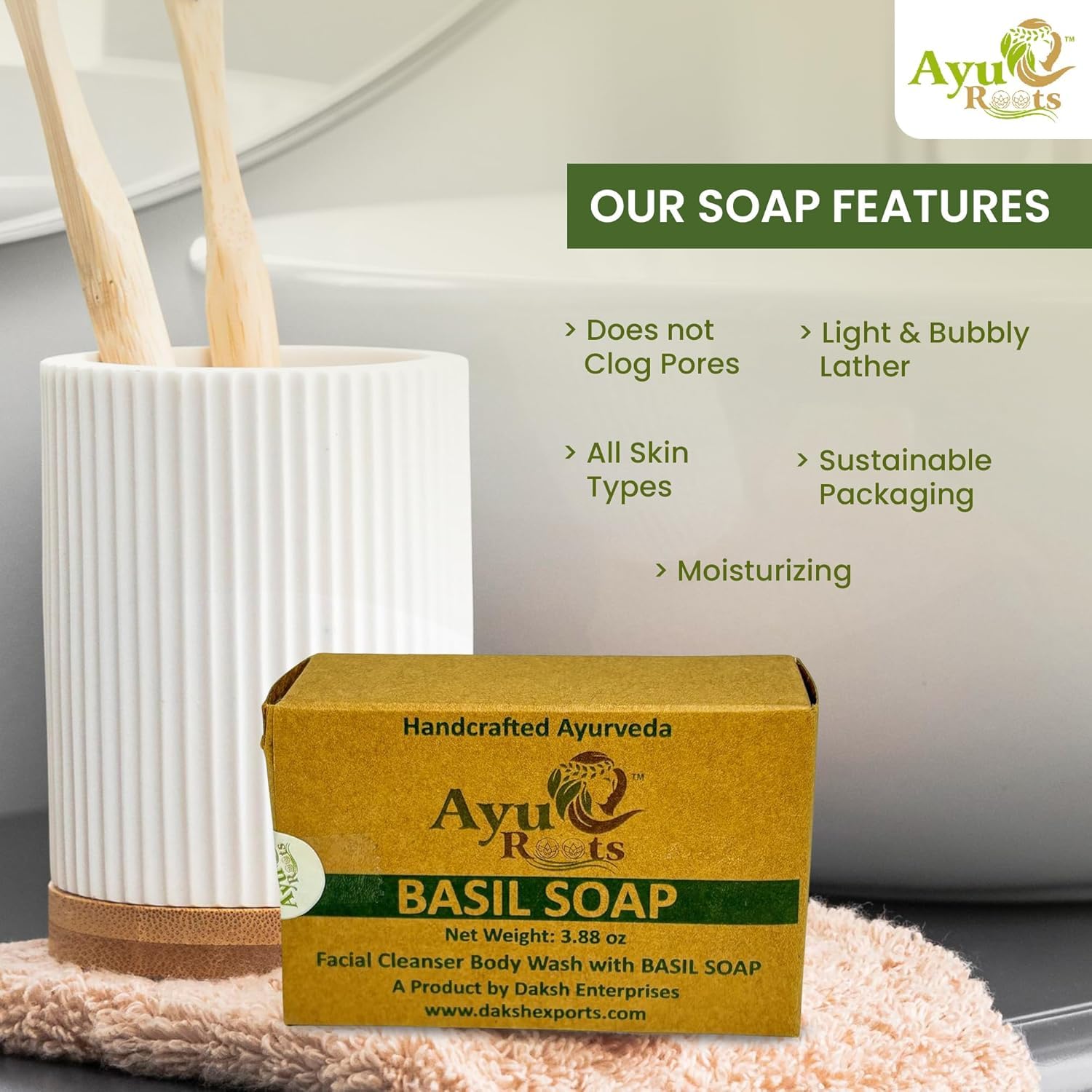 AyuRoots Ayurvedic Basil Soap Bar – Handmade Vegan Face & Body Soap (3.88 oz)