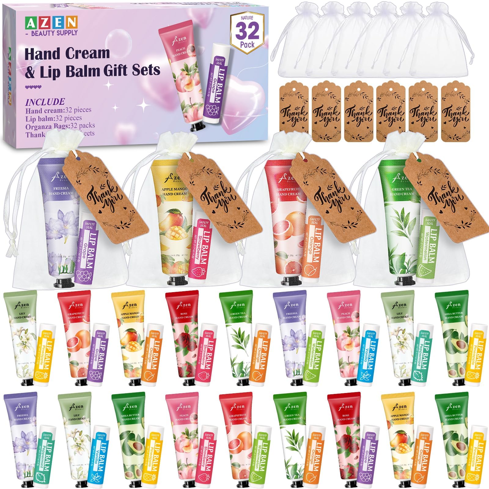 AZEN 32 Sets Bulk Gifts – Hand Cream & Lip Balm with Organza Bags & Thank You Cards