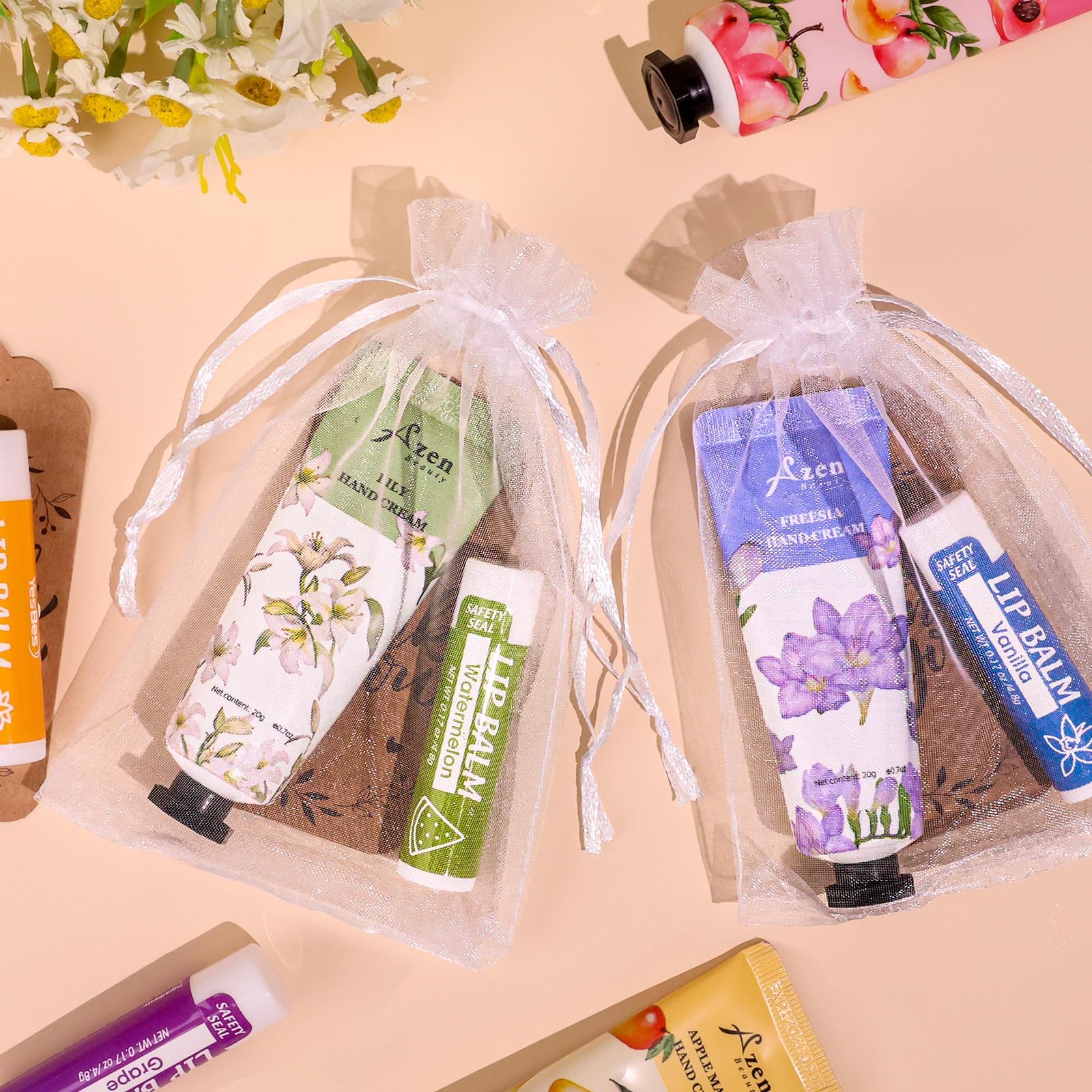 AZEN 32 Sets Bulk Gifts – Hand Cream & Lip Balm with Organza Bags & Thank You Cards