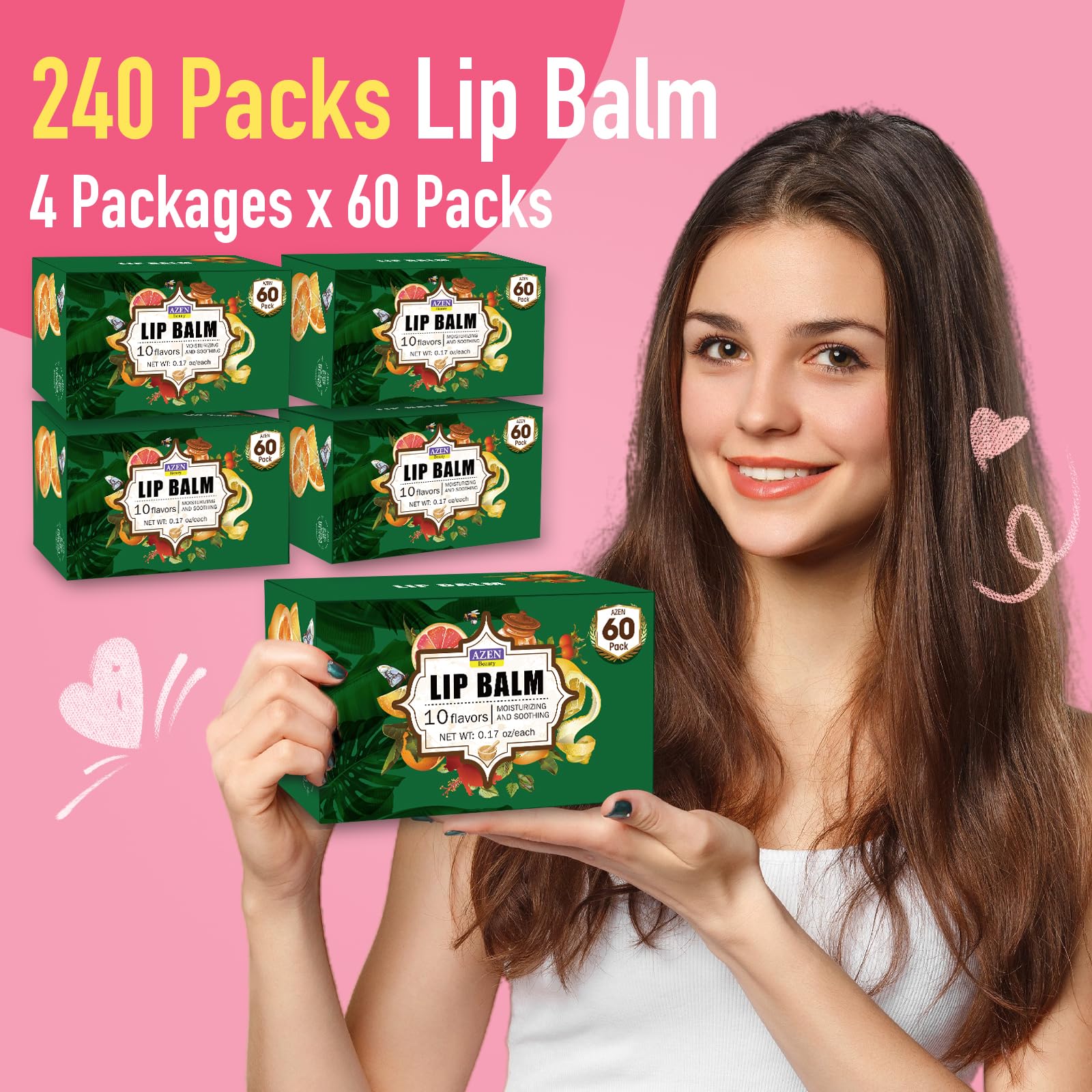 AZEN 240 Pack Lip Balm – Natural, Paraben- and Phthalate-Free Bulk Lip Care with 10 Flavors, Gift Set