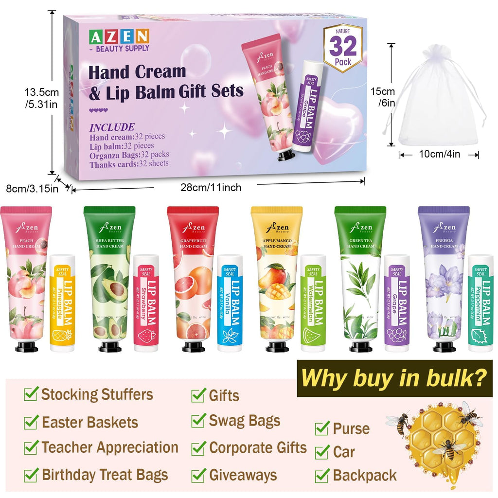 AZEN 32 Sets Bulk Gifts – Hand Cream & Lip Balm with Organza Bags & Thank You Cards
