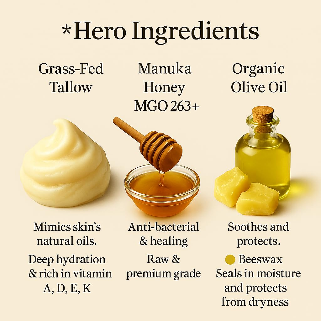 Azmera Beauty 100% Grass-Fed Beef Tallow Balm with Manuka Honey MGO263+ — Handmade Moisturizer for Dry Skin