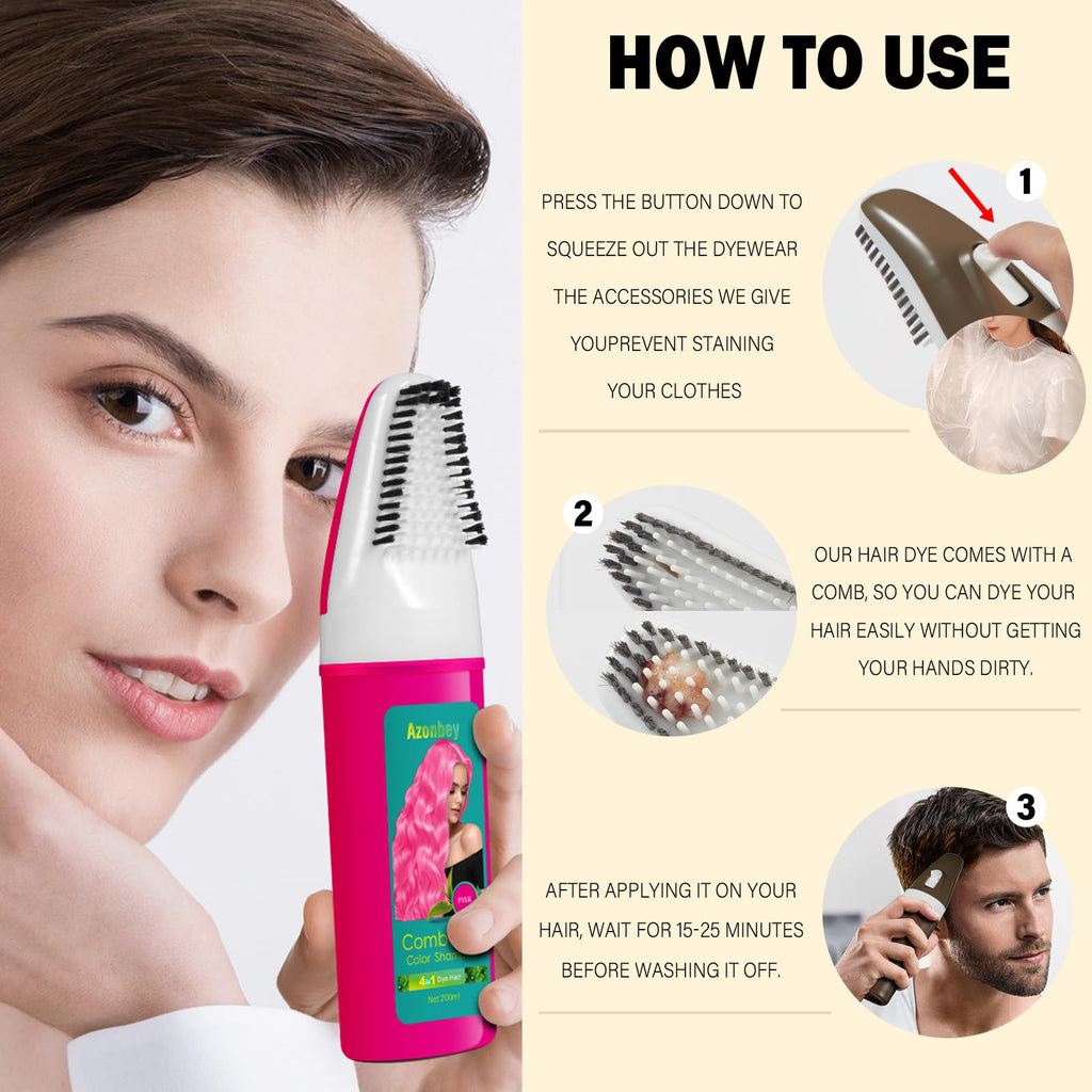 Azonbey Pink Hair Dye Shampoo for Gray Hair – 4-in-1 Semi-Permanent Color & Coverage