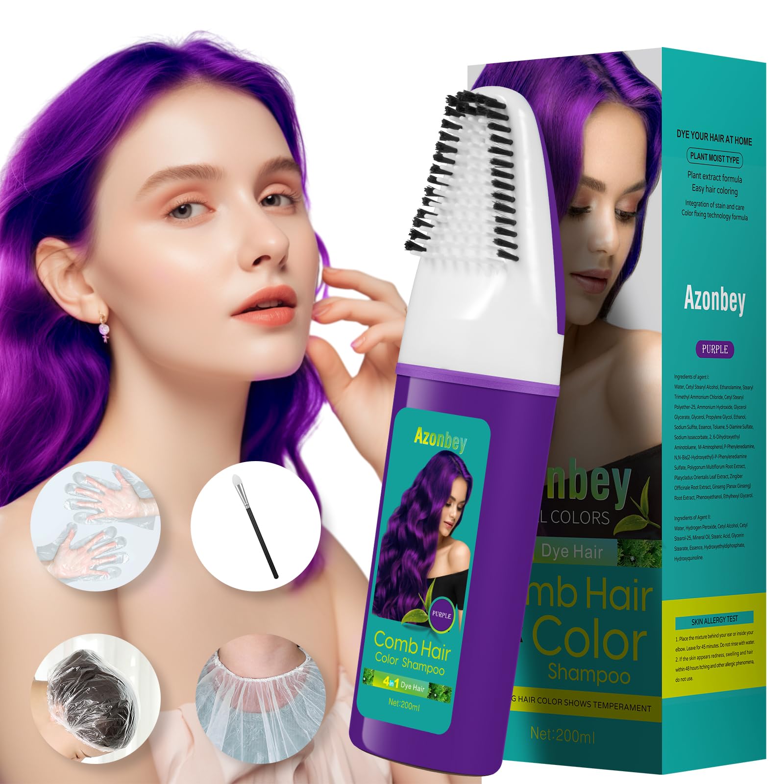 Azonbey Purple Hair Dye Shampoo – 4-in-1 Semi-Permanent Color for Gray Coverage with Natural Ingredients