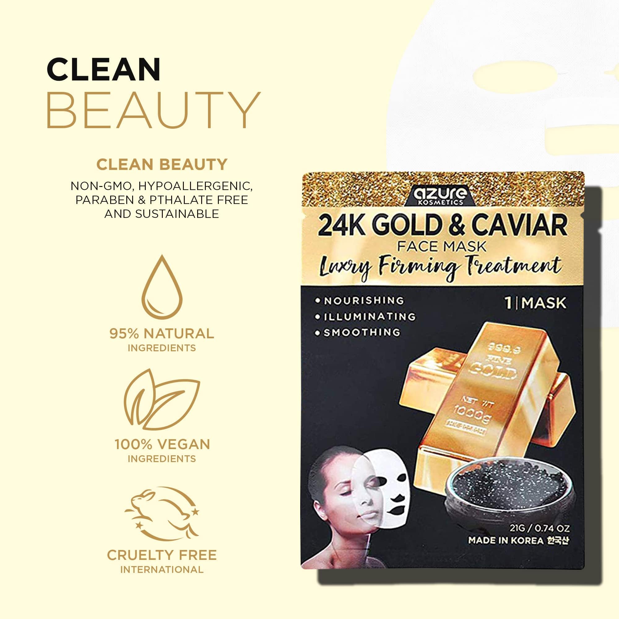 Azure Cosmetics 24K Gold & Caviar Anti-Aging Luxury Face Mask – Hydrating & Firming (Pack of 5)