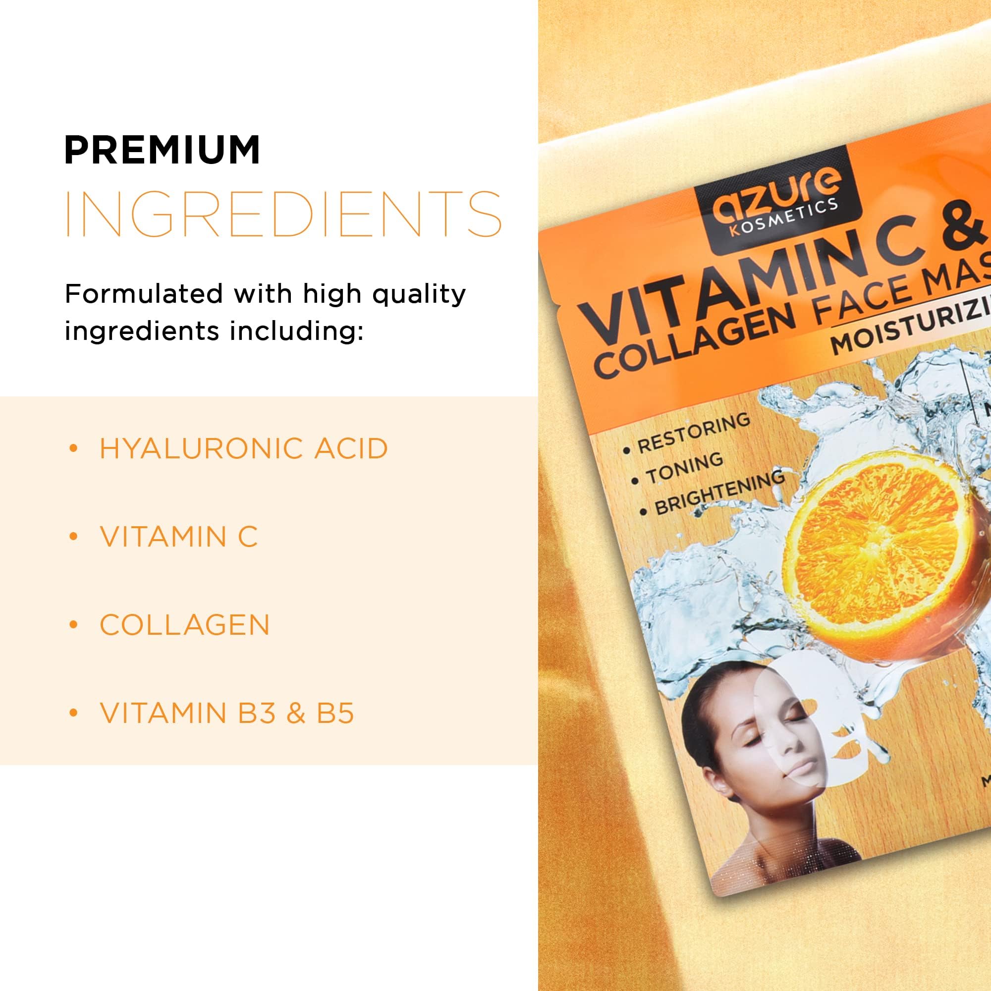 Azure Cosmetics Vitamin C & Collagen Face Mask - Hydration, Radiance & Elasticity - Pack of 5