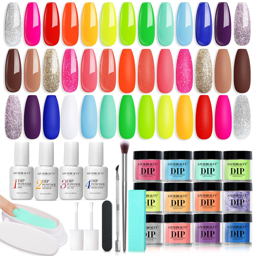 AZUREBEAUTY 31-Pcs Dip Powder Nail Kit Starter – 20 Neon Colors & Liquid Set