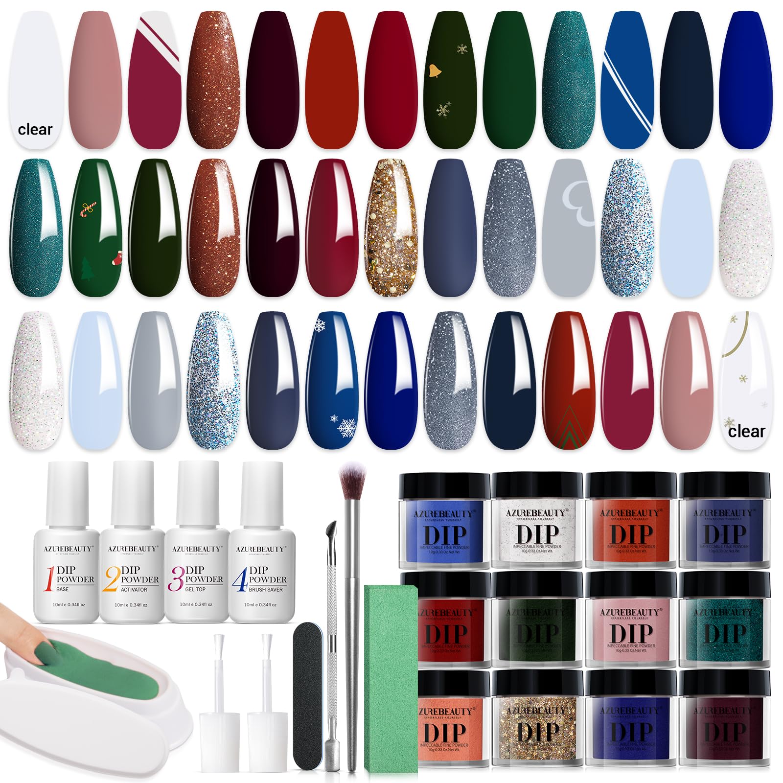 AZUREBEAUTY 31Pcs Dip Powder Nail Kit – 20 Colors, Base/Top/Activator, Gift Set