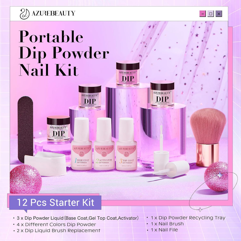 AZUREBEAUTY Dip Powder Nail Kit Starter – Pastel Lavender Pink Glitter (4 Colors), No Lamp Needed