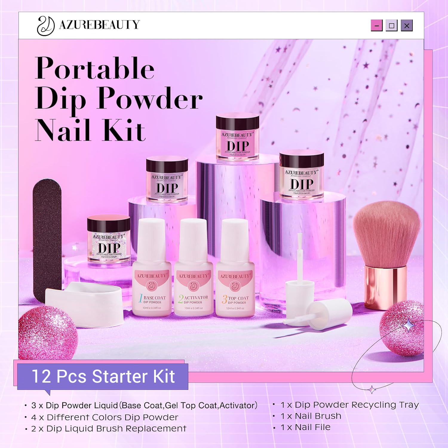 AZUREBEAUTY Dip Powder Nail Kit Starter – Pastel Lavender Pink Glitter (4 Colors), No Lamp Needed