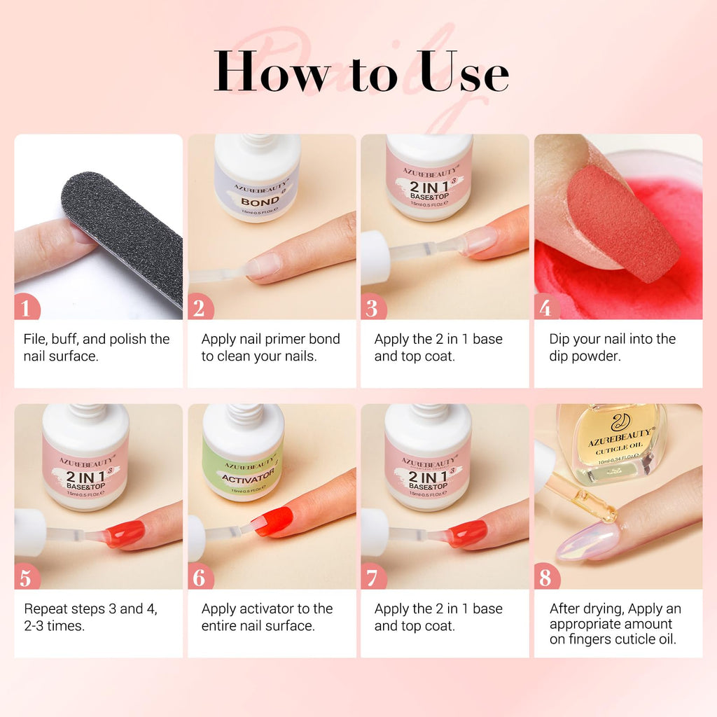 AZUREBEAUTY Dip Powder Liquid Set – Base, Top Coat, Activator, Bond & Cuticle Oil (15ml) – No Lamp Required
