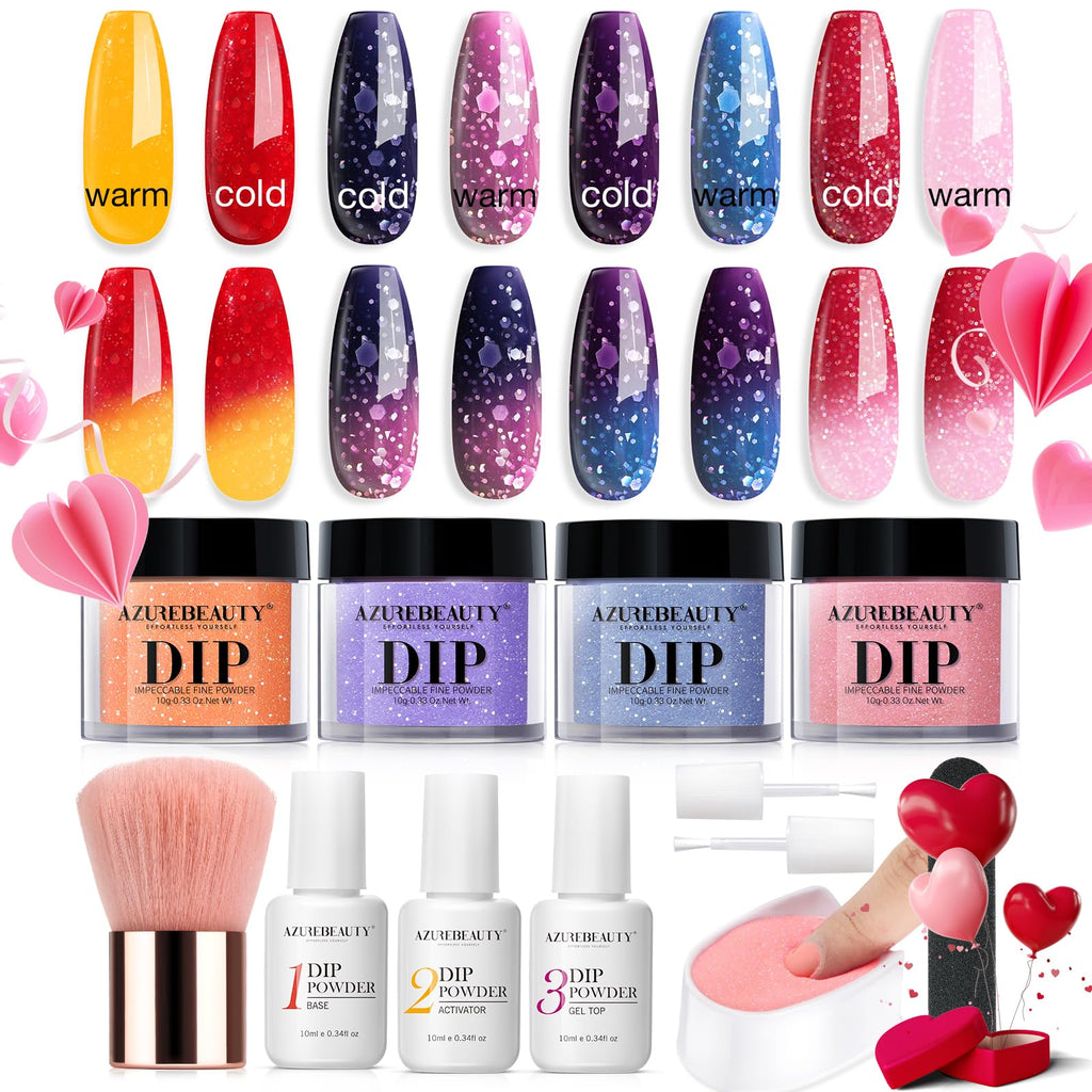 AZUREBEAUTY Color Changing Dip Powder Nail Kit Starter — 4-Color Change, No Lamp Needed, Base/Top/Activator Included