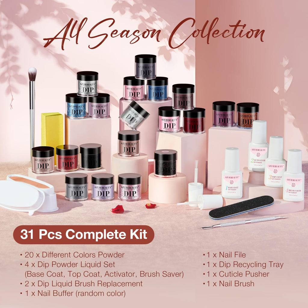 AZUREBEAUTY 31 Pcs Dip Powder Nail Kit Starter – 20 Colors + Base, Top & Activator