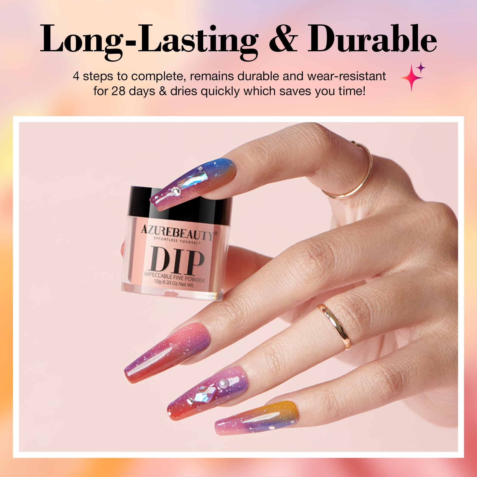 AZUREBEAUTY Color Changing Dip Powder Nail Kit Starter — 4-Color Change, No Lamp Needed, Base/Top/Activator Included