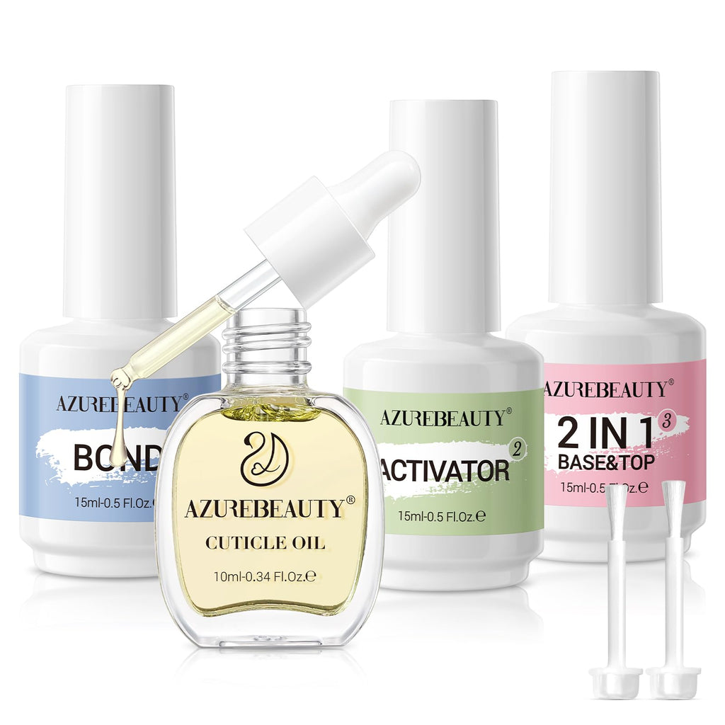 AZUREBEAUTY Dip Powder Liquid Set – Base, Top Coat, Activator, Bond & Cuticle Oil (15ml) – No Lamp Required