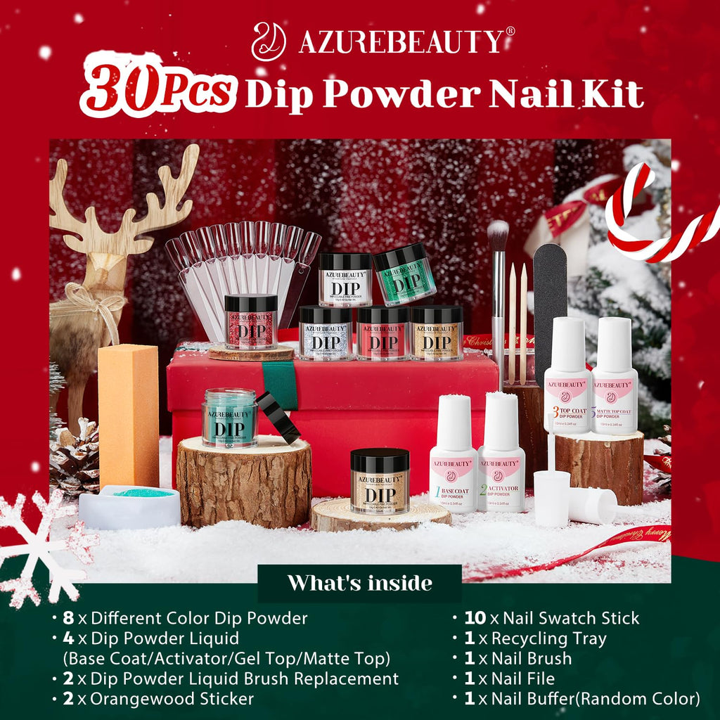 AZUREBEAUTY 30Pcs Dip Powder Nail Kit Starter — 8 Colors (Green, Red, Gold, Silver, White), Matte Top Coat, No Lamp Needed