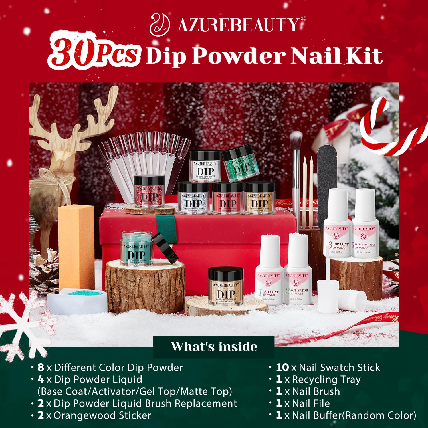 AZUREBEAUTY 30Pcs Dip Powder Nail Kit Starter — 8 Colors (Green, Red, Gold, Silver, White), Matte Top Coat, No Lamp Needed