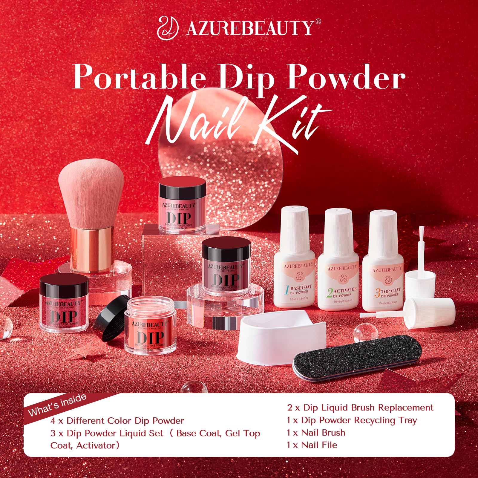 AZUREBEAUTY Dip Powder Nail Kit – 4 Red Shades, No Lamp Needed, DIY Salon-Quality Nails
