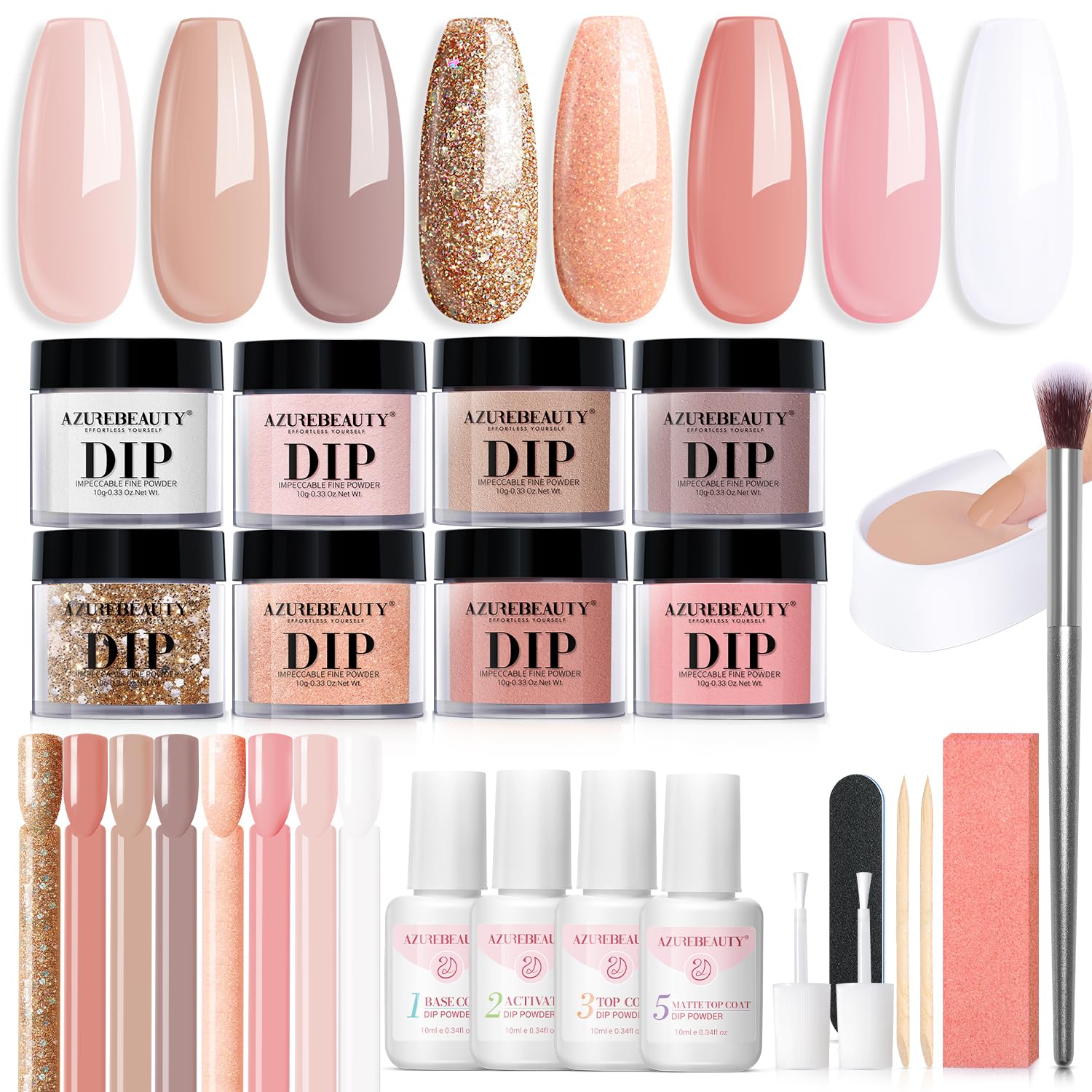 AZUREBEAUTY 30Pcs Dip Powder Nail Kit Starter with 8 Colors, Matte Top Coat, No Lamp Needed