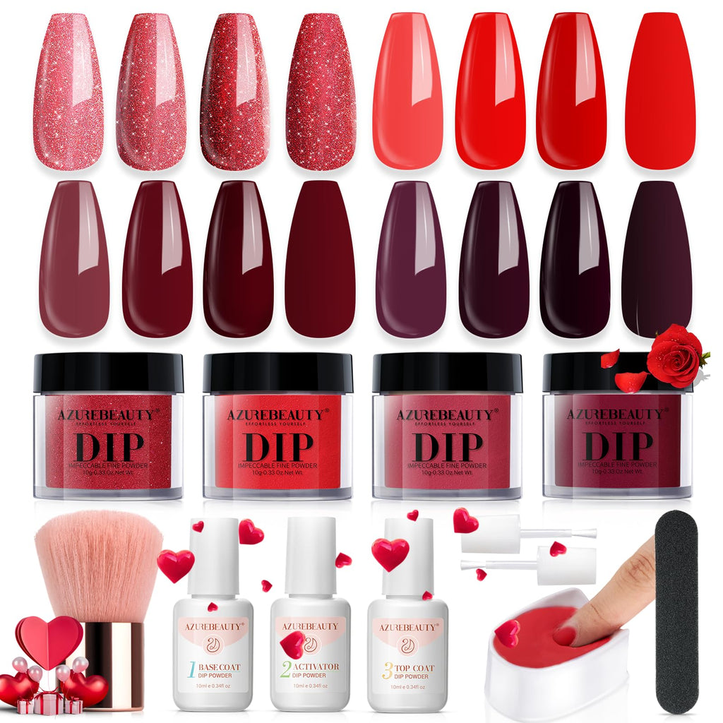 AZUREBEAUTY Dip Powder Nail Kit – 4 Red Shades, No Lamp Needed, DIY Salon-Quality Nails