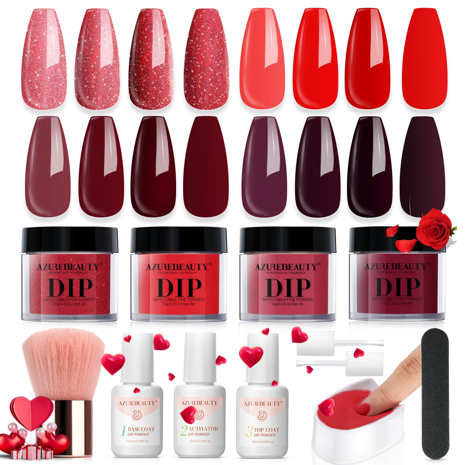 AZUREBEAUTY Dip Powder Nail Kit – 4 Red Shades, No Lamp Needed, DIY Salon-Quality Nails