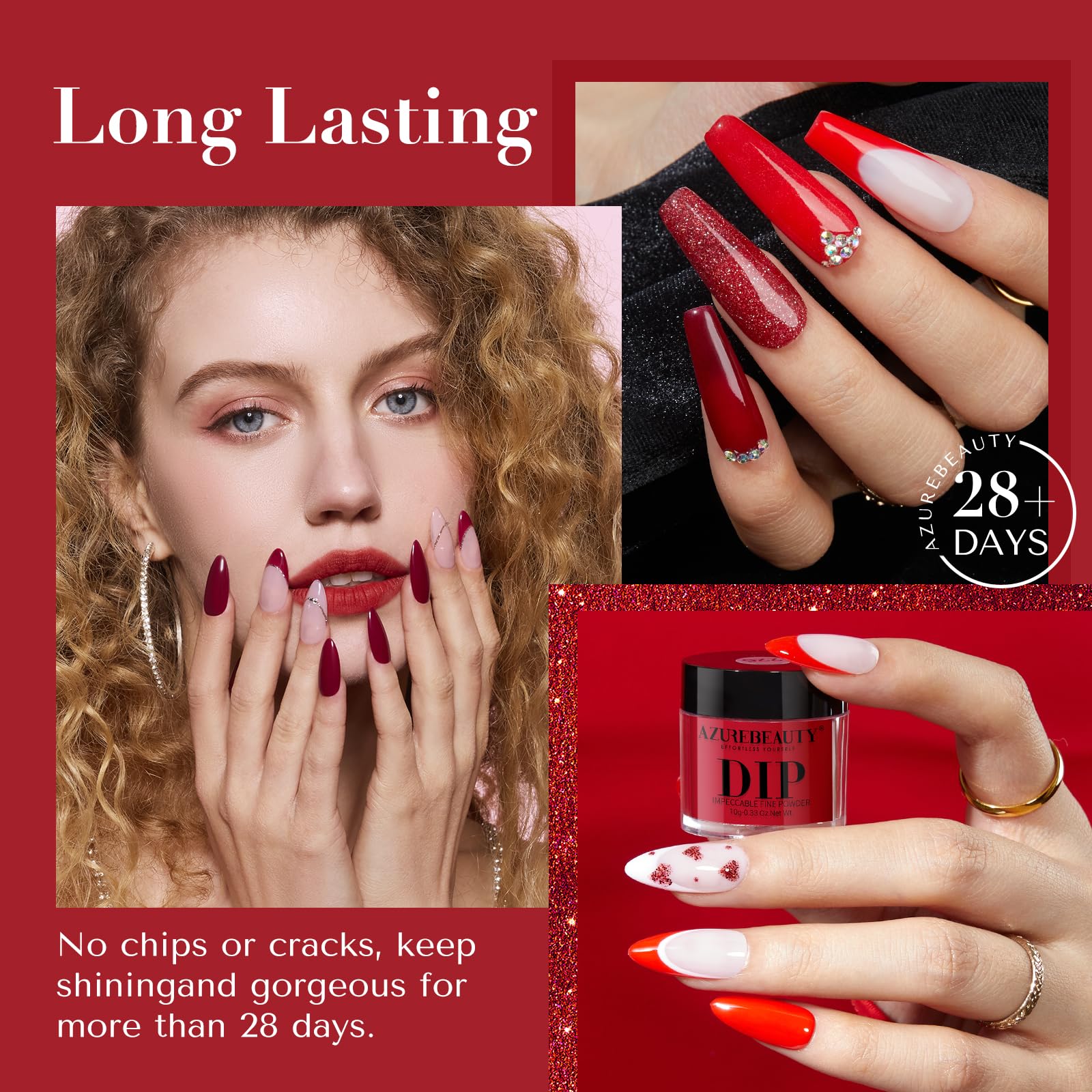 AZUREBEAUTY Dip Powder Nail Kit – 4 Red Shades, No Lamp Needed, DIY Salon-Quality Nails