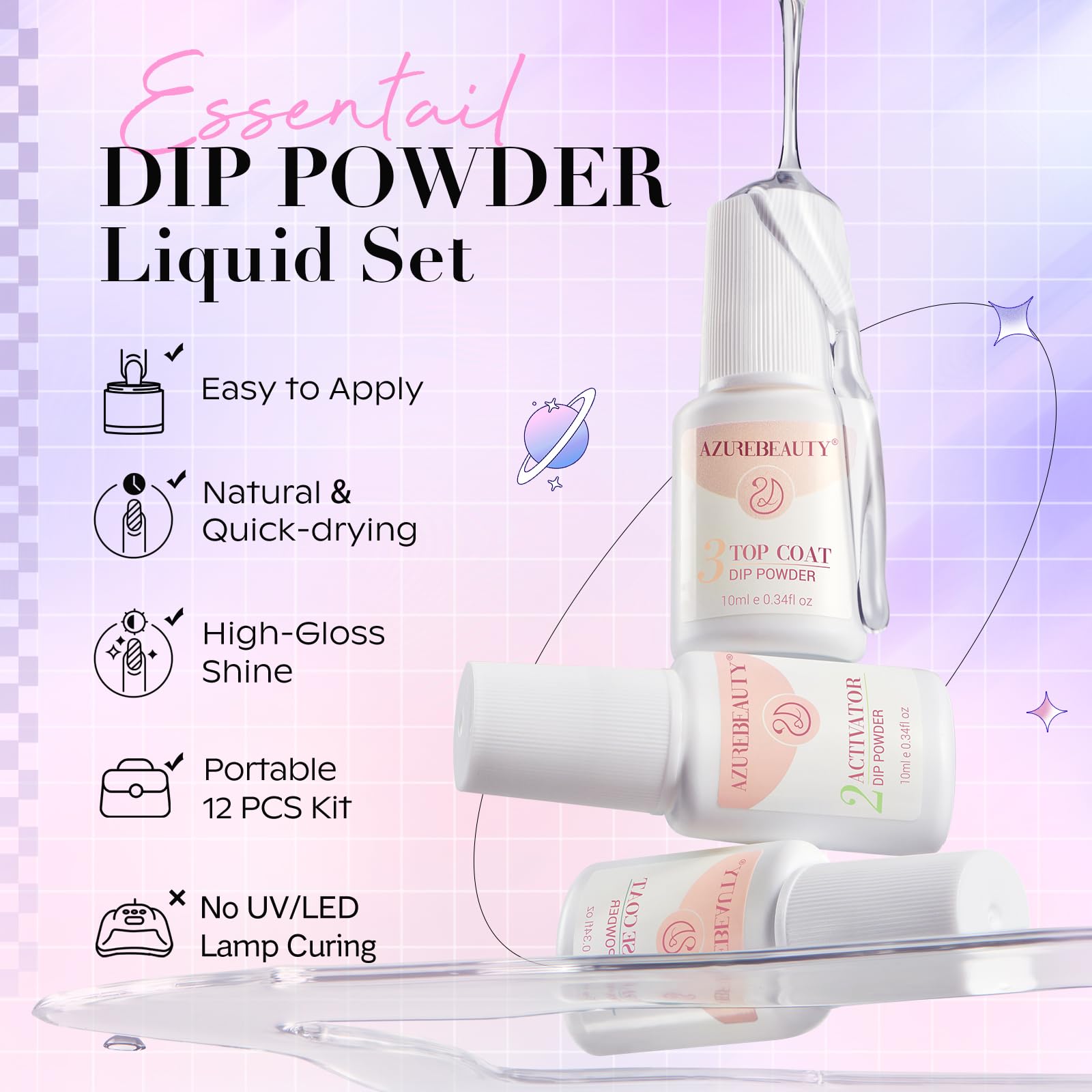 AZUREBEAUTY Dip Powder Nail Kit Starter – Pastel Lavender Pink Glitter (4 Colors), No Lamp Needed