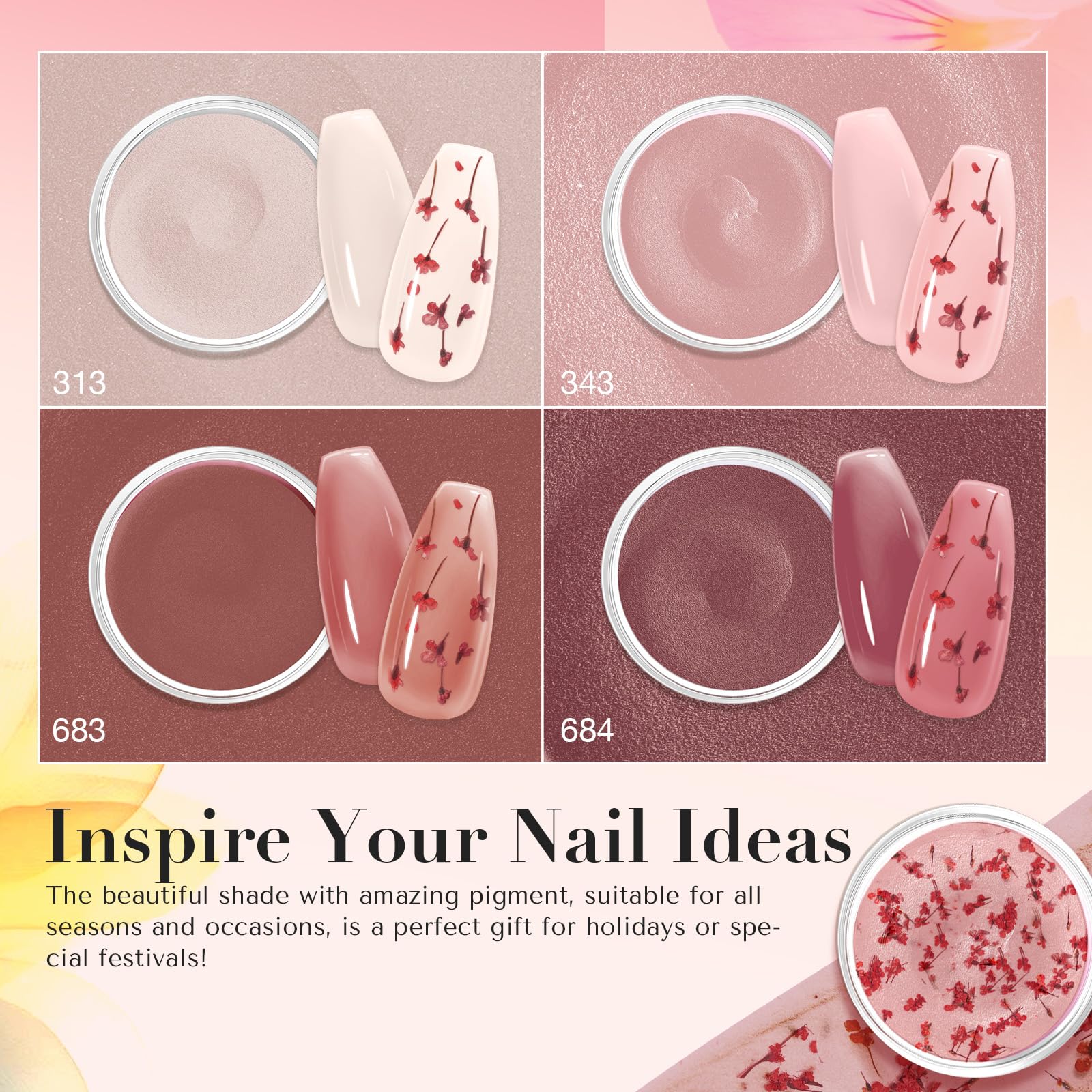 AZUREBEAUTY Dip Powder Nail Kit – 4 Jelly Colors + Dried Flowers, Starter Liquids & Recycling Tray
