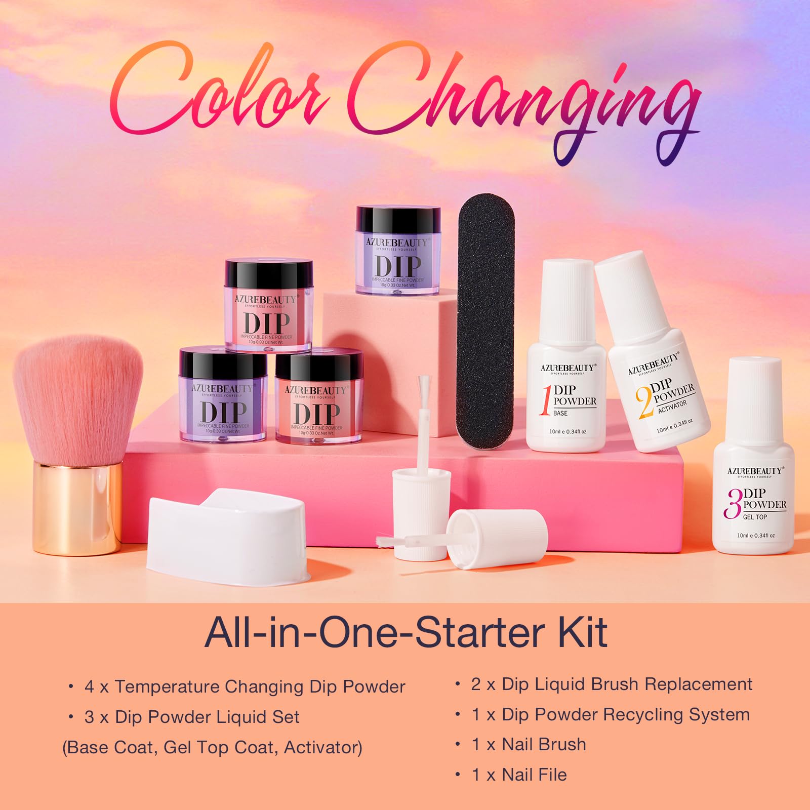 AZUREBEAUTY Color Changing Dip Powder Nail Kit Starter — 4-Color Change, No Lamp Needed, Base/Top/Activator Included