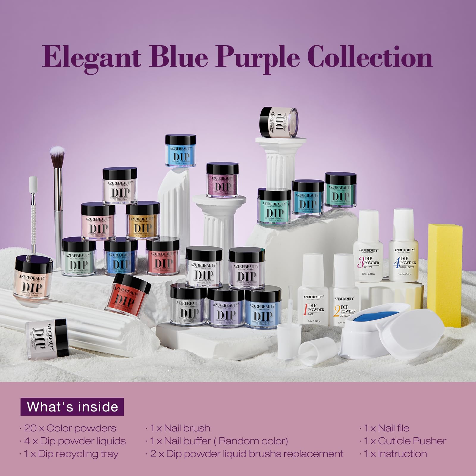 AZUREBEAUTY 31-Pcs Dip Powder Starter Kit – 20 Colors, Recycling Tray, Base/Top/Activator