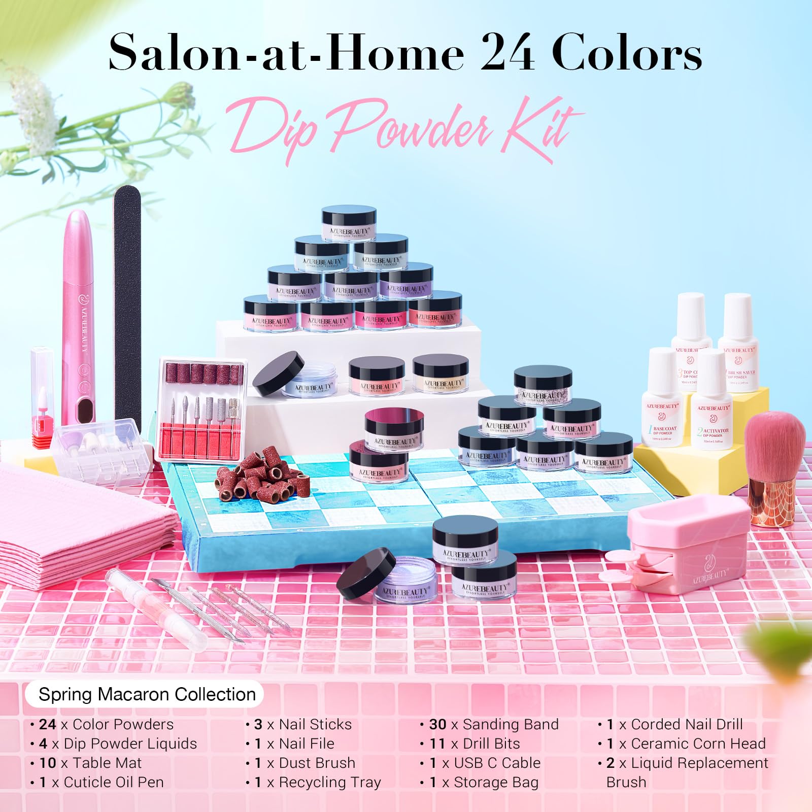 AZUREBEAUTY Dip Powder Nail Kit with Electric Nail Drill – 24 Macaron Colors, At-Home Starter Set