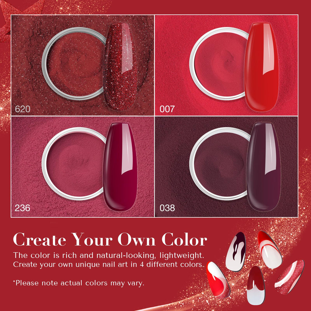 AZUREBEAUTY Dip Powder Nail Kit – 4 Red Shades, No Lamp Needed, DIY Salon-Quality Nails