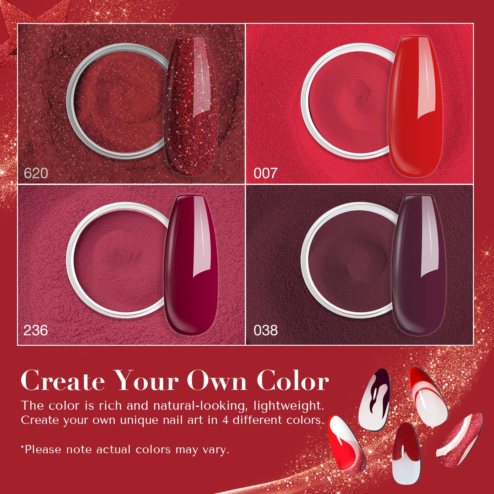 AZUREBEAUTY Dip Powder Nail Kit – 4 Red Shades, No Lamp Needed, DIY Salon-Quality Nails