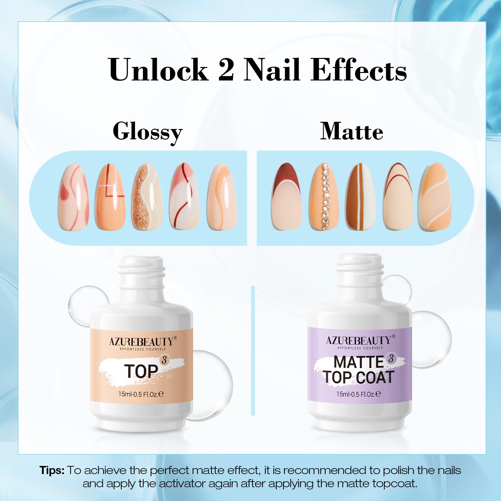 AZUREBEAUTY Dip Powder Liquid Set – Bond, Base, Glossy & Matte Top Coats, Activator, Brush Saver | No Nail Lamp Needed