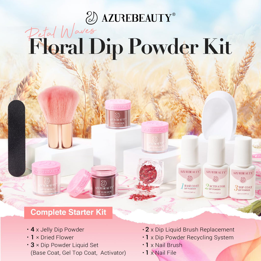 AZUREBEAUTY Dip Powder Nail Kit – 4 Jelly Colors + Dried Flowers, Starter Liquids & Recycling Tray