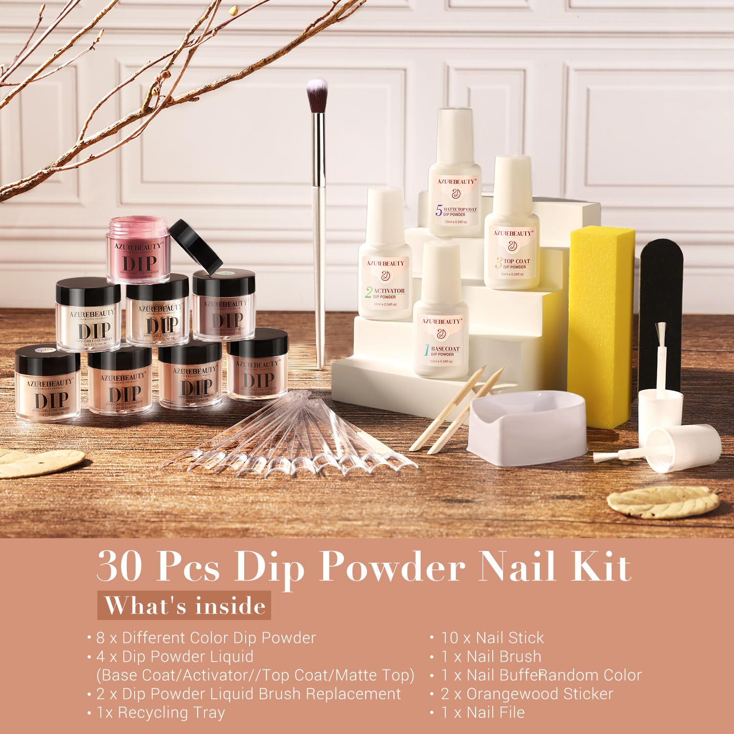 AZUREBEAUTY Dip Nails Powder Starter Kit – 8 Colors, No Lamp Needed, 30 Pcs
