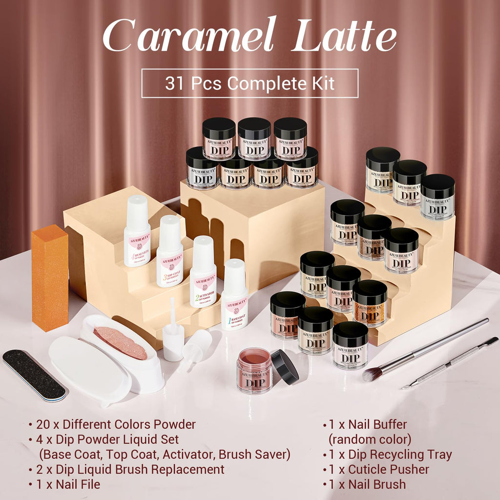AZUREBEAUTY 31 Pcs Dip Powder Nail Kit — 20 Colors + 4 Liquids for DIY Salon-Quality Manicures
