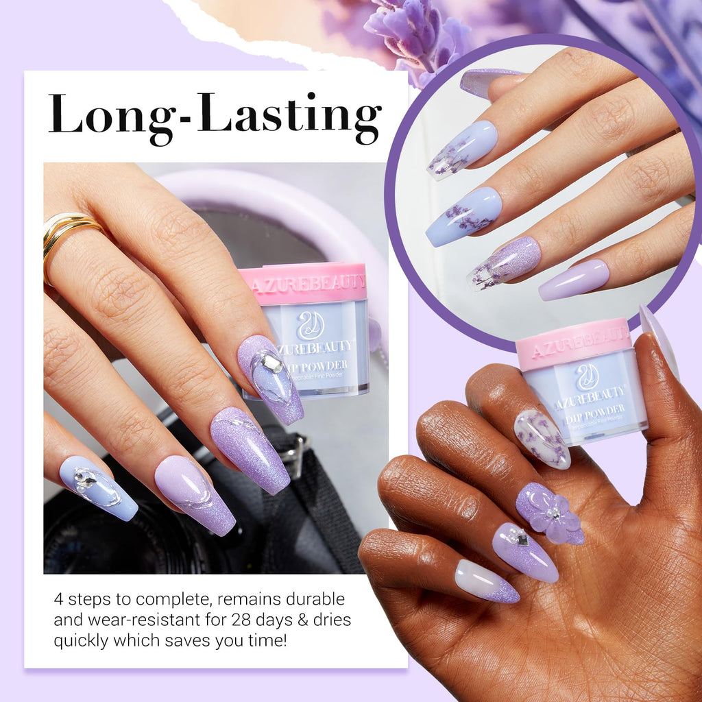 AZUREBEAUTY Purple Twilight Bloom Dip Powder Kit – Base, Top Coat, Activator & Dried Flowers for French Nails