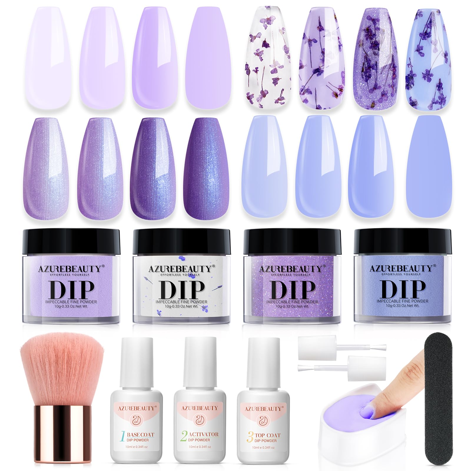 AZUREBEAUTY Purple Twilight Bloom Dip Powder Kit – Base, Top Coat, Activator & Dried Flowers for French Nails