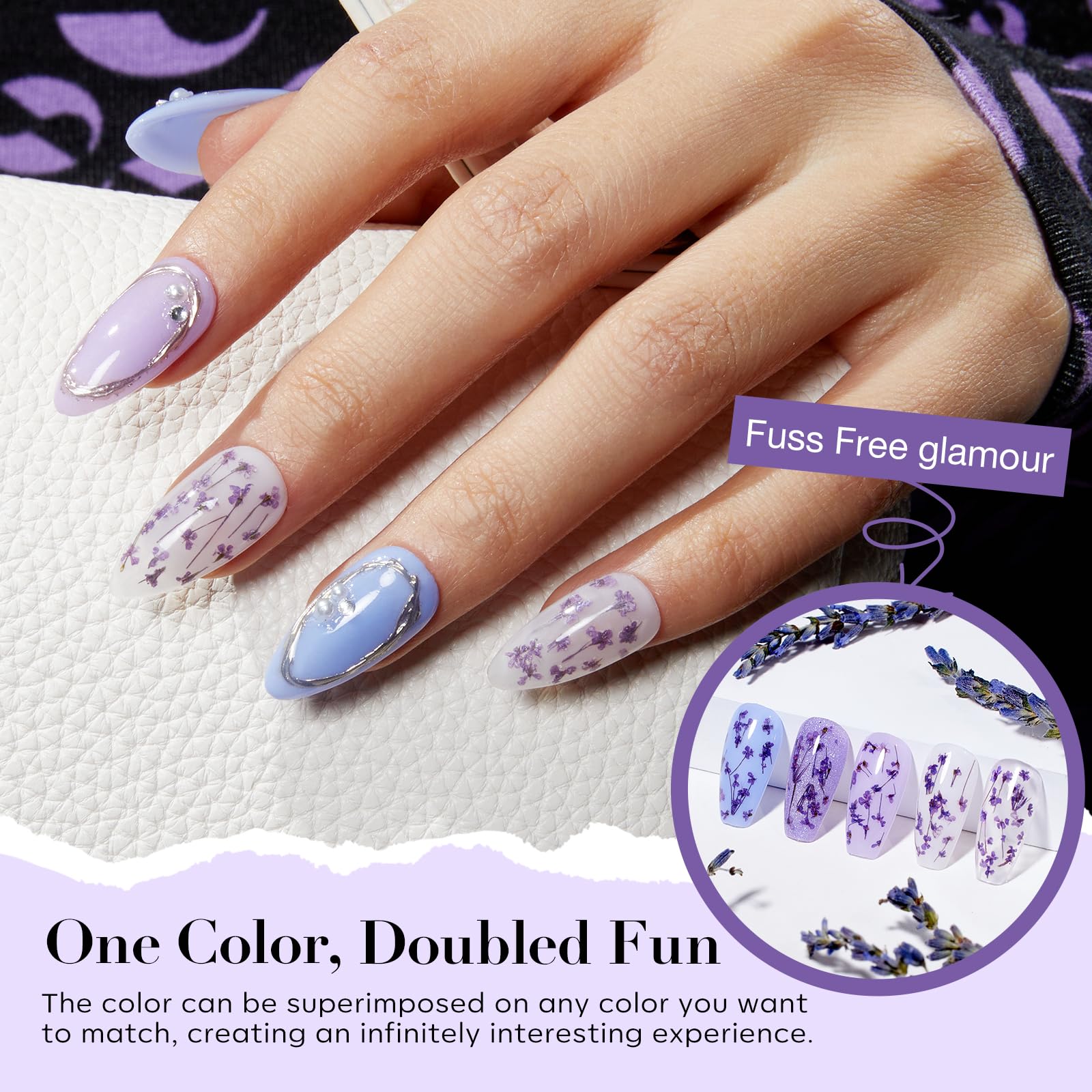 AZUREBEAUTY Purple Twilight Bloom Dip Powder Kit – Base, Top Coat, Activator & Dried Flowers for French Nails