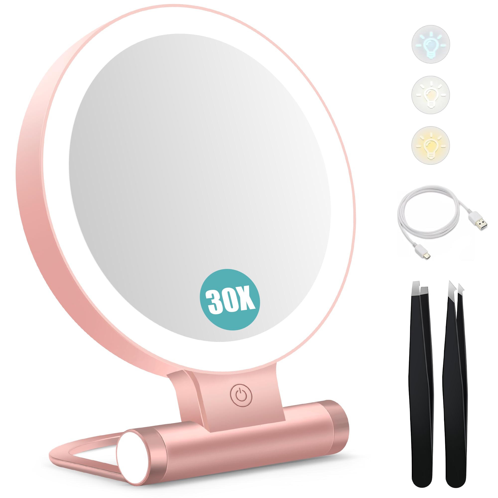 B Beauty Planet Magnifying Mirror with Light 30X (Rose Gold) – 1X/30X Dual-Sided, USB-C, 2000mAh, 3 Color Modes, Foldable Travel