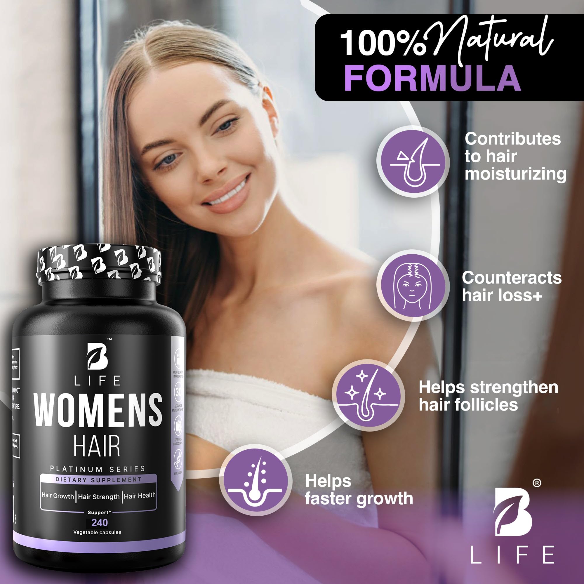 B Life Company Hair Vitamins for Hair Growth – Biotin for Women – 240 Capsules | 60 Servings