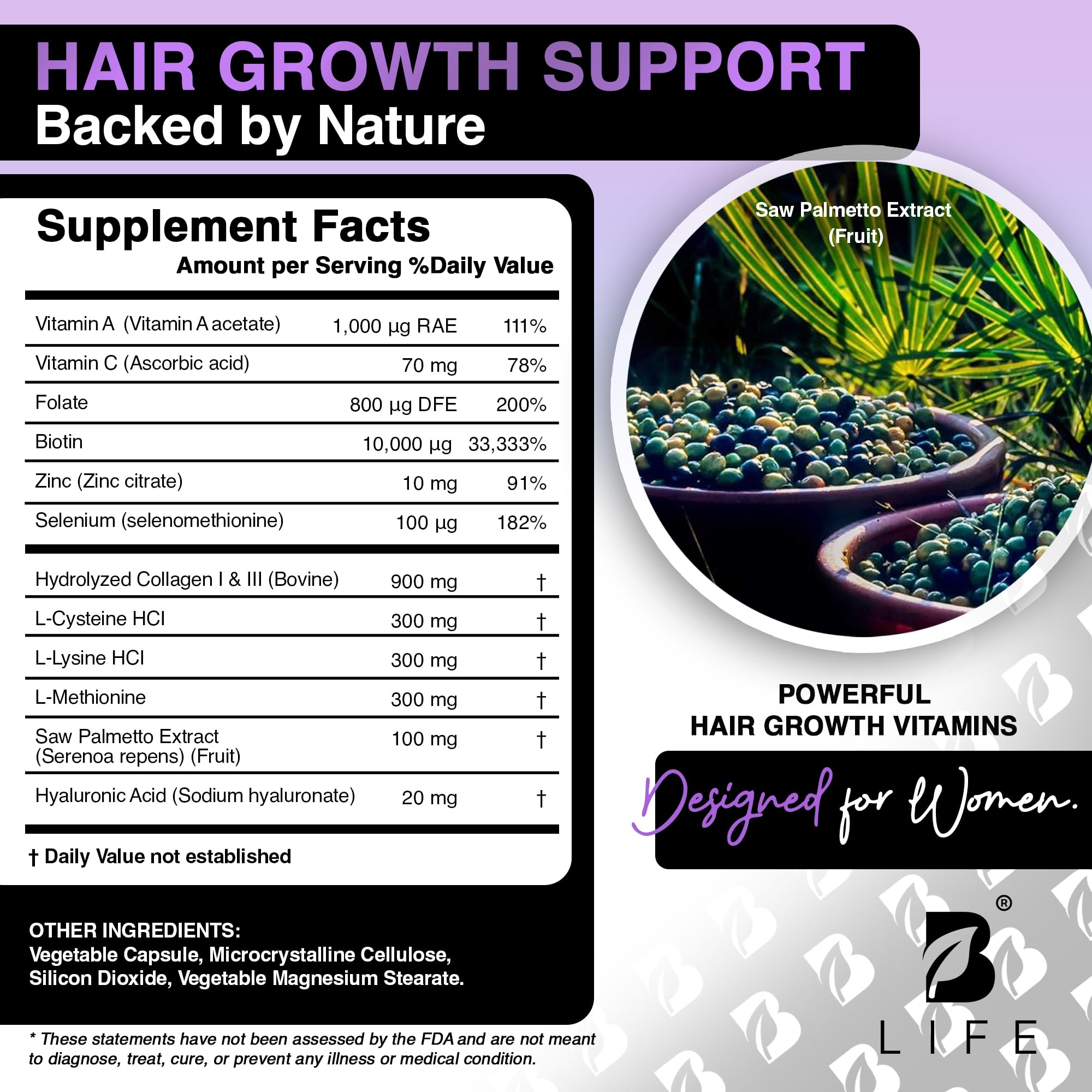 B Life Company Hair Vitamins for Hair Growth – Biotin for Women – 240 Capsules | 60 Servings