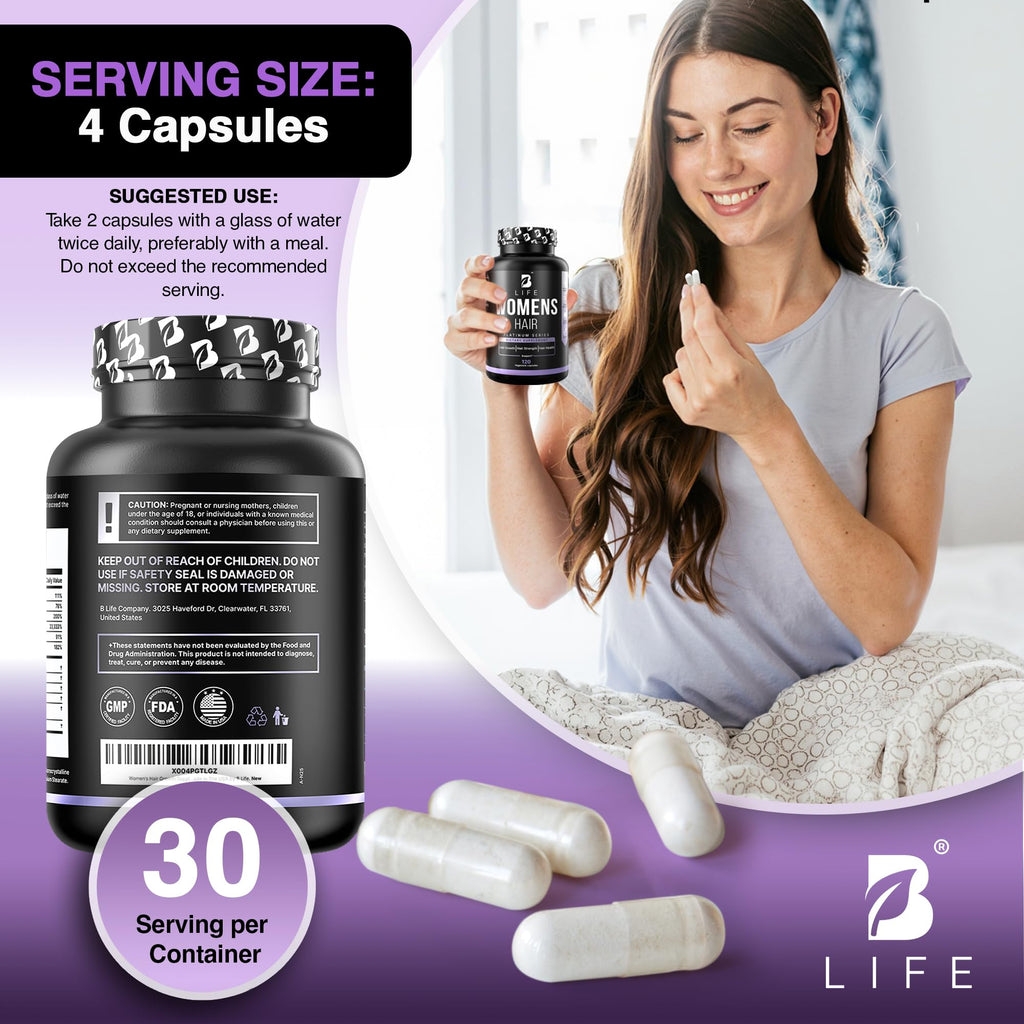 B Life Company Hair Vitamins for Hair Growth – Biotin for Women – 240 Capsules | 60 Servings