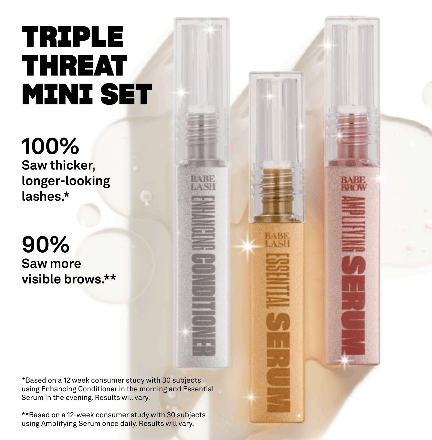 BABE ORIGINAL Triple Threat Mini Set – Lash Serum, Lash Conditioner, and Brow Amplifying Serum (1 mL each, 3-Pack)