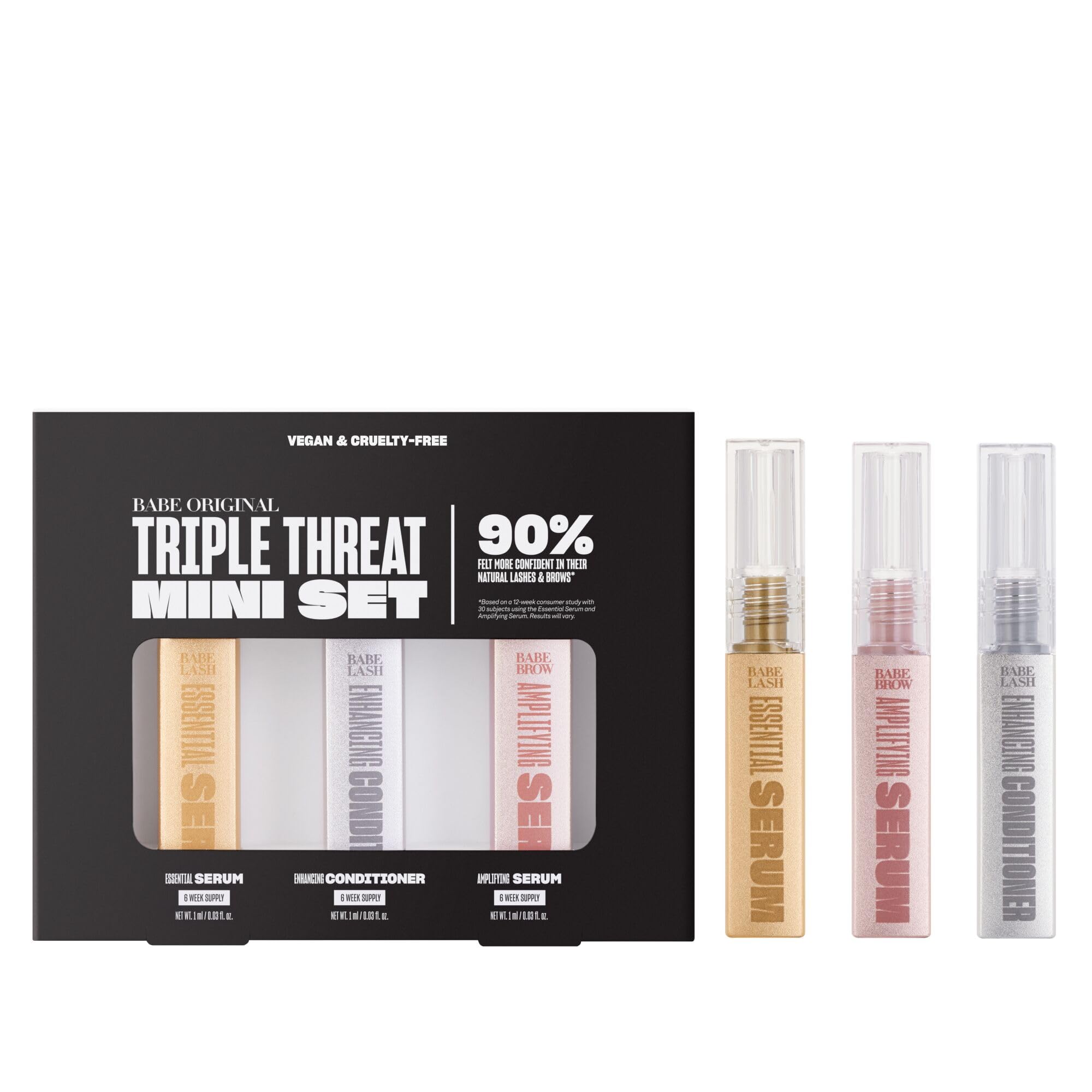 BABE ORIGINAL Triple Threat Mini Set – Lash Serum, Lash Conditioner, and Brow Amplifying Serum (1 mL each, 3-Pack)