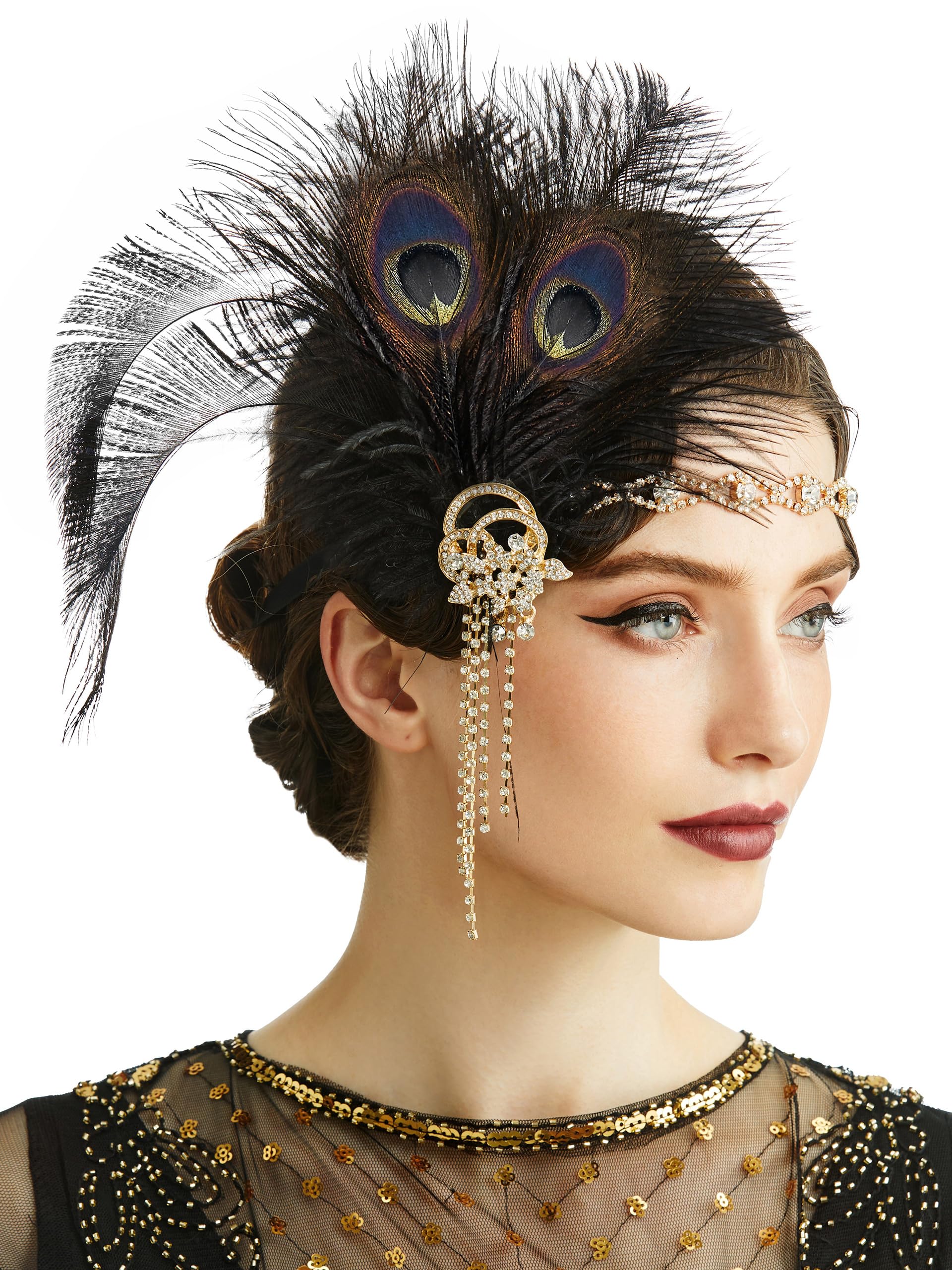BABEYOND 1920s Flapper Headpiece Headband – Art Deco Peacock Feather & Crystal Gatsby Accessory (Black)