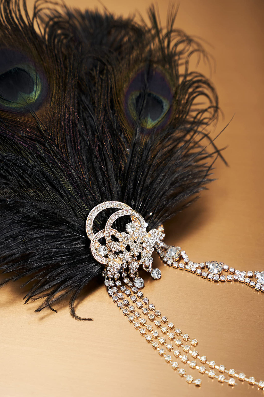 BABEYOND 1920s Flapper Headpiece Headband – Art Deco Peacock Feather & Crystal Gatsby Accessory (Black)