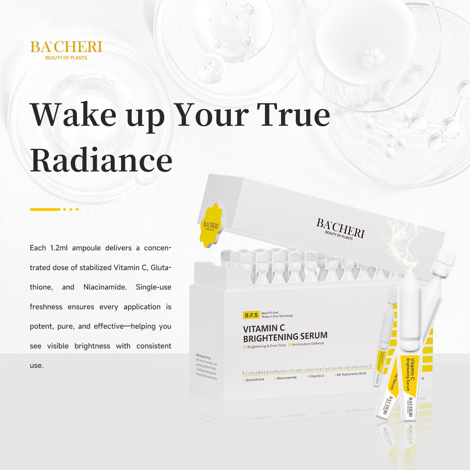 BACHERI Vitamin C Brightening Serum – 30x1.2ml Ampoules with Glutathione, Niacinamide & Hyaluronic Acid